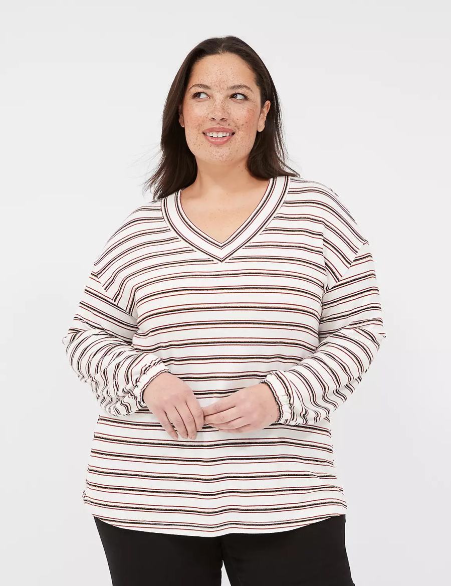 Women Lane Bryant Lurex Blouson-Sleeve V-Neck Tunic T Shirts White Black Stripes | IOL3762JK