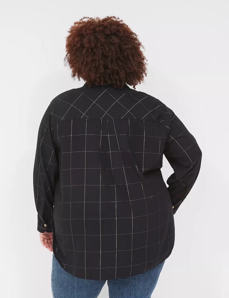 Women Lane Bryant Lurex Button-Down Plaid Flannel Shirts Black | YMW7278PL