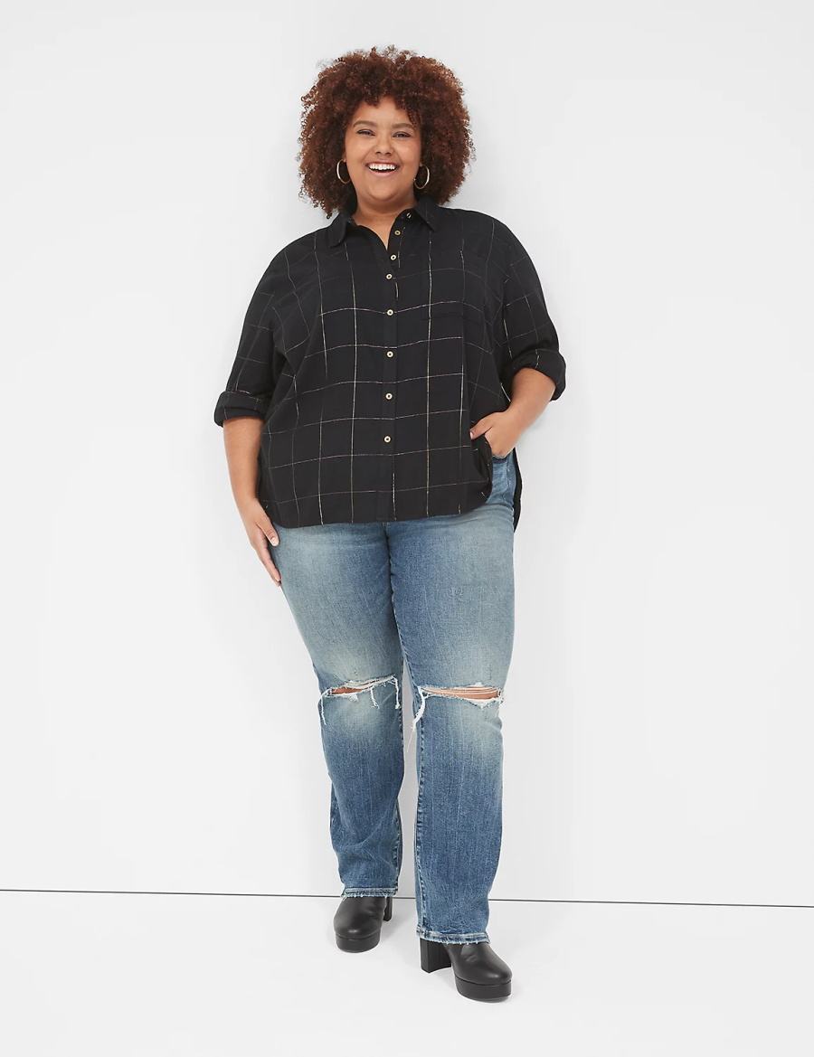 Women Lane Bryant Lurex Button-Down Plaid Flannel Shirts Black | YMW7278PL