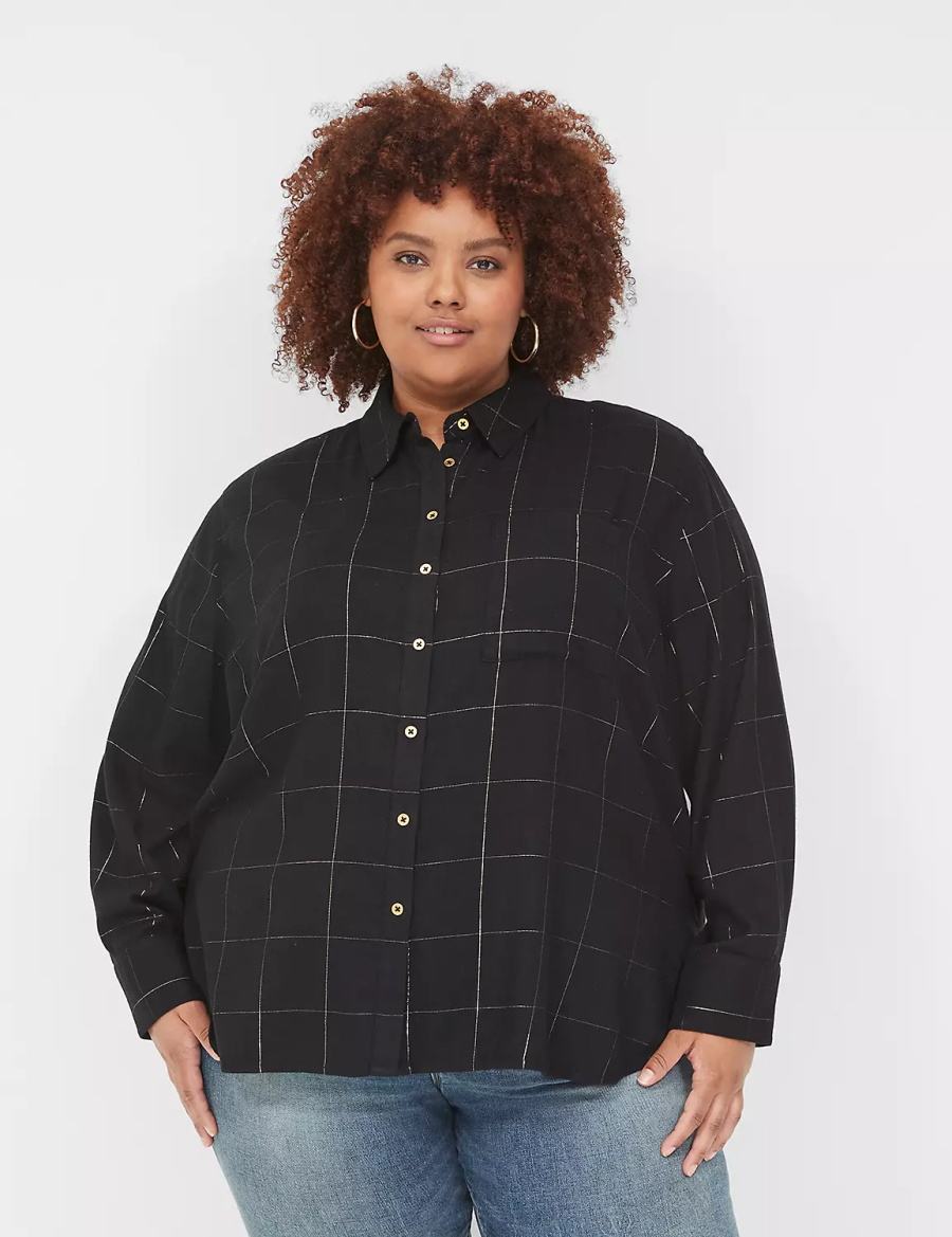 Women Lane Bryant Lurex Button-Down Plaid Flannel Shirts Black | YMW7278PL