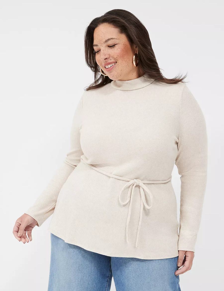 Women Lane Bryant Lurex Mock-Neck Tie-Waist Top Sweaters Beige | IXP4998VD