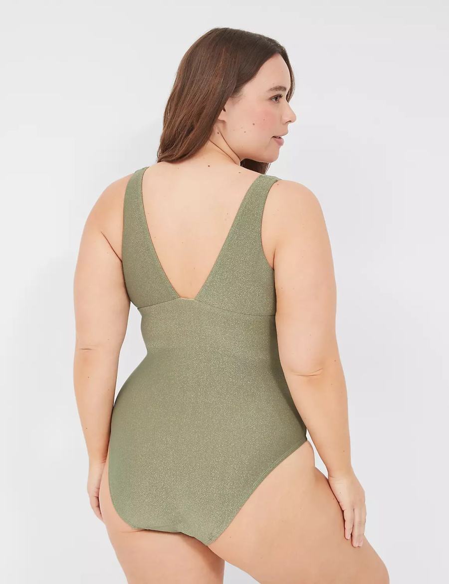 Women Lane Bryant Lurex No-Wire Plunge One-Piece Swimsuits Green | UTA893ZP