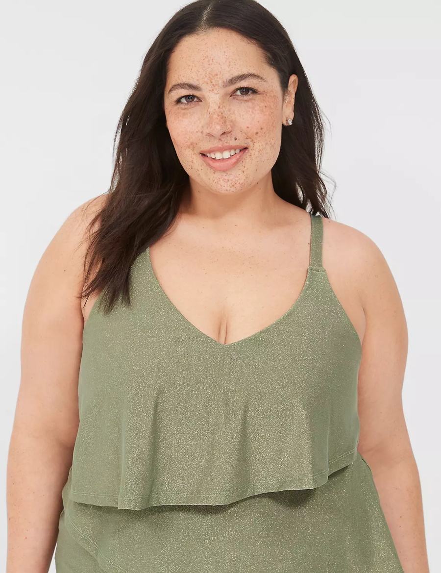 Women Lane Bryant Lurex No-Wire Three-Tier Tankini Bikini Top Green | FWL342KV