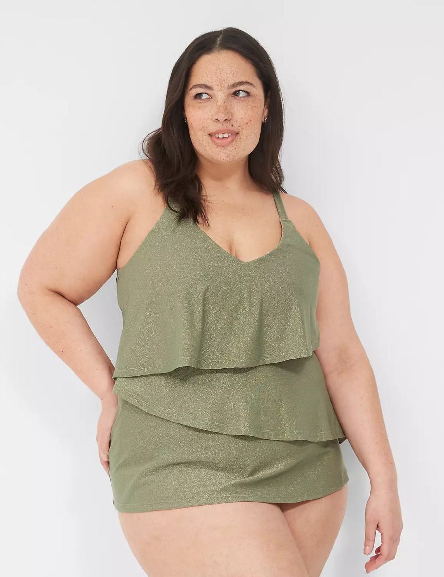 Women Lane Bryant Lurex No-Wire Three-Tier Tankini Bikini Top Green | FWL342KV