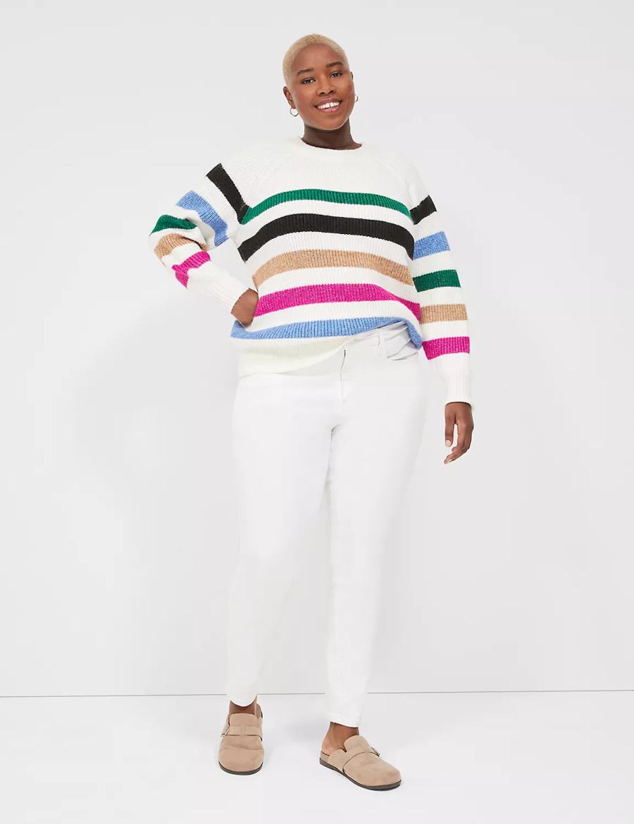 Women Lane Bryant Lurex Stripe Crew-Neck Sweaters White Stripes | IPW814UF