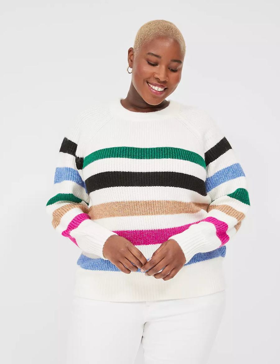 Women Lane Bryant Lurex Stripe Crew-Neck Sweaters White Stripes | IPW814UF