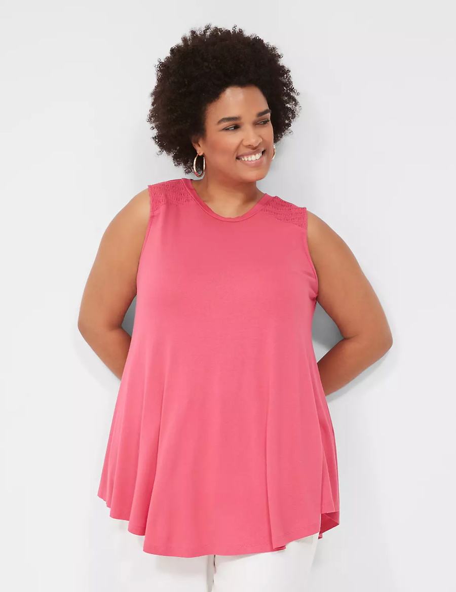 Women Lane Bryant Max Swing High-Neck Smocked-Shoulder Tunic T Shirts Pink | LQG9247EA