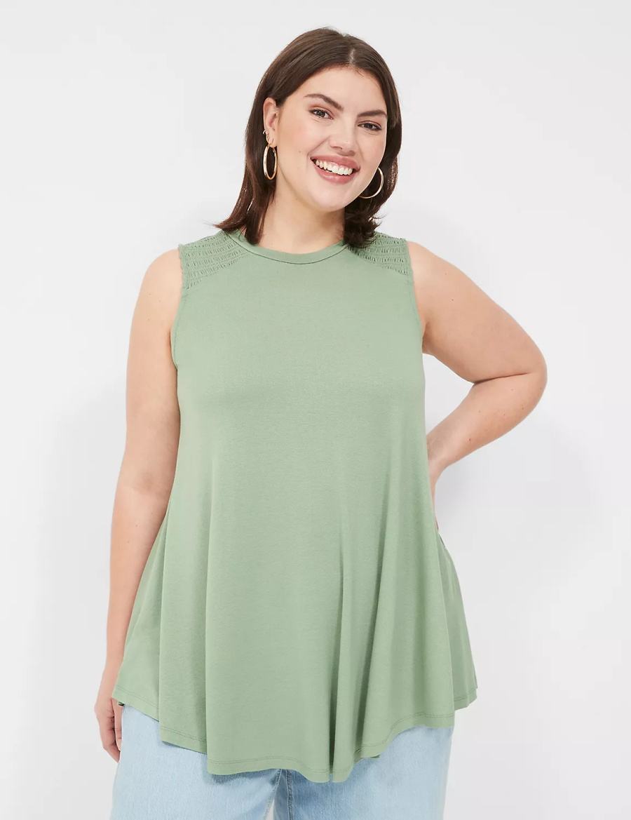 Women Lane Bryant Max Swing High-Neck Smocked-Shoulder Tunic T Shirts Light Green | FOI5922HN