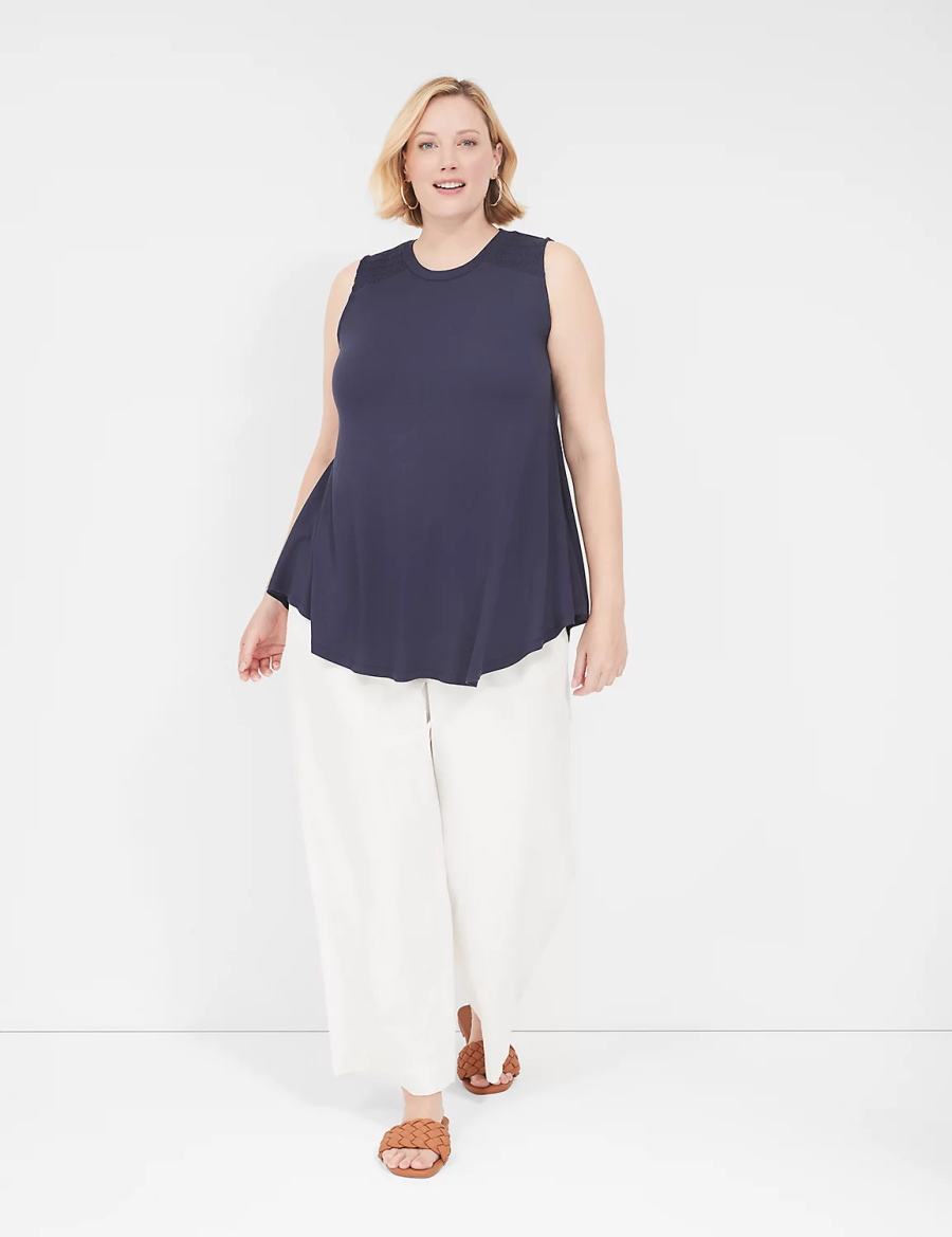 Women Lane Bryant Max Swing High-Neck Smocked-Shoulder Tunic T Shirts Blue | UHO2749AQ