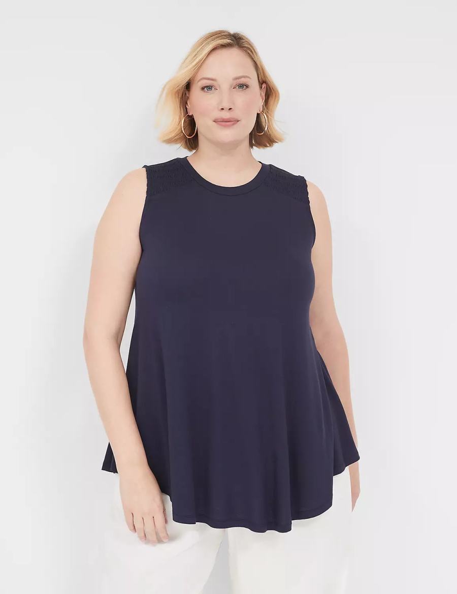 Women Lane Bryant Max Swing High-Neck Smocked-Shoulder Tunic T Shirts Blue | UHO2749AQ