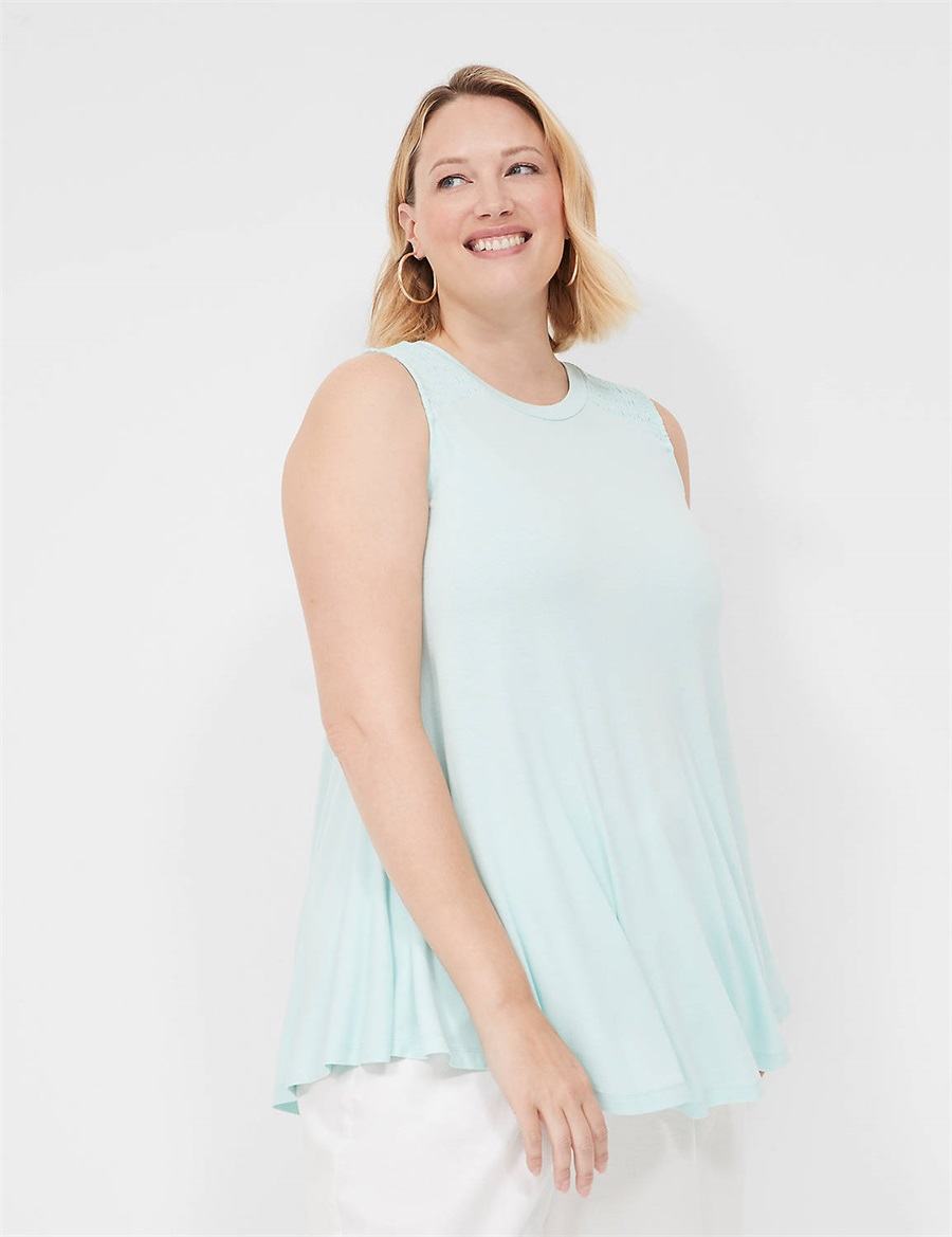 Women Lane Bryant Max Swing High-Neck Smocked-Shoulder Tunic T Shirts Blue | NRQ8282QE