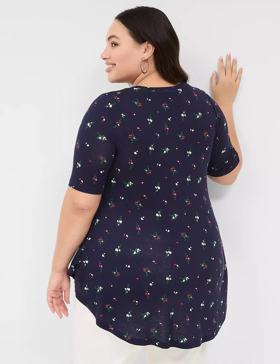 Women Lane Bryant Max Swing Perfect Sleeve Crew-Neck Tee T Shirts Navy Multicolor | DTK267IG