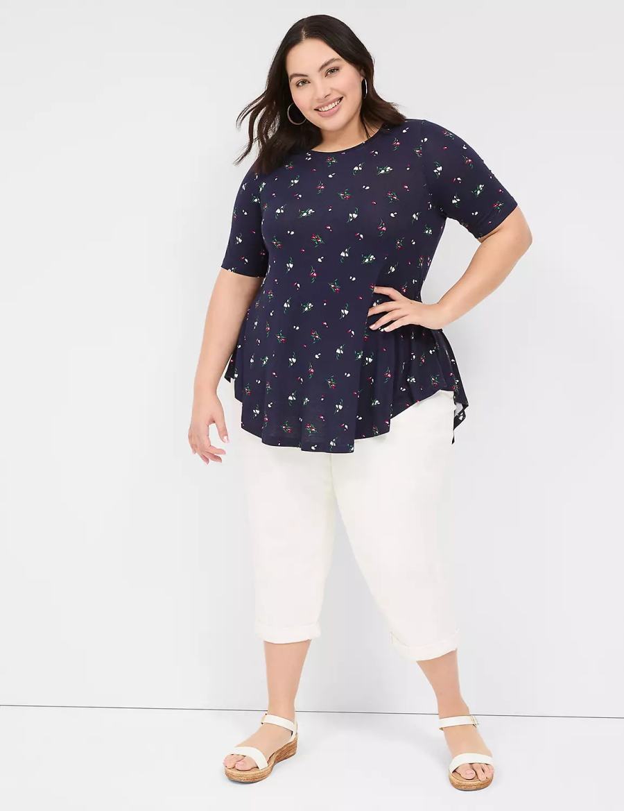 Women Lane Bryant Max Swing Perfect Sleeve Crew-Neck Tee T Shirts Navy Multicolor | DTK267IG