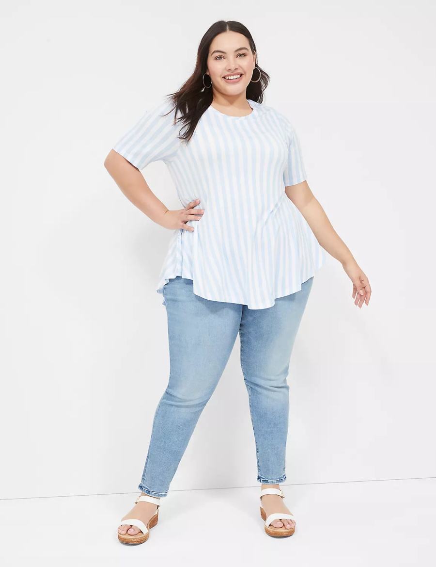 Women Lane Bryant Max Swing Perfect Sleeve Crew-Neck Tee T Shirts Light Blue Stripes | PGM6457SP