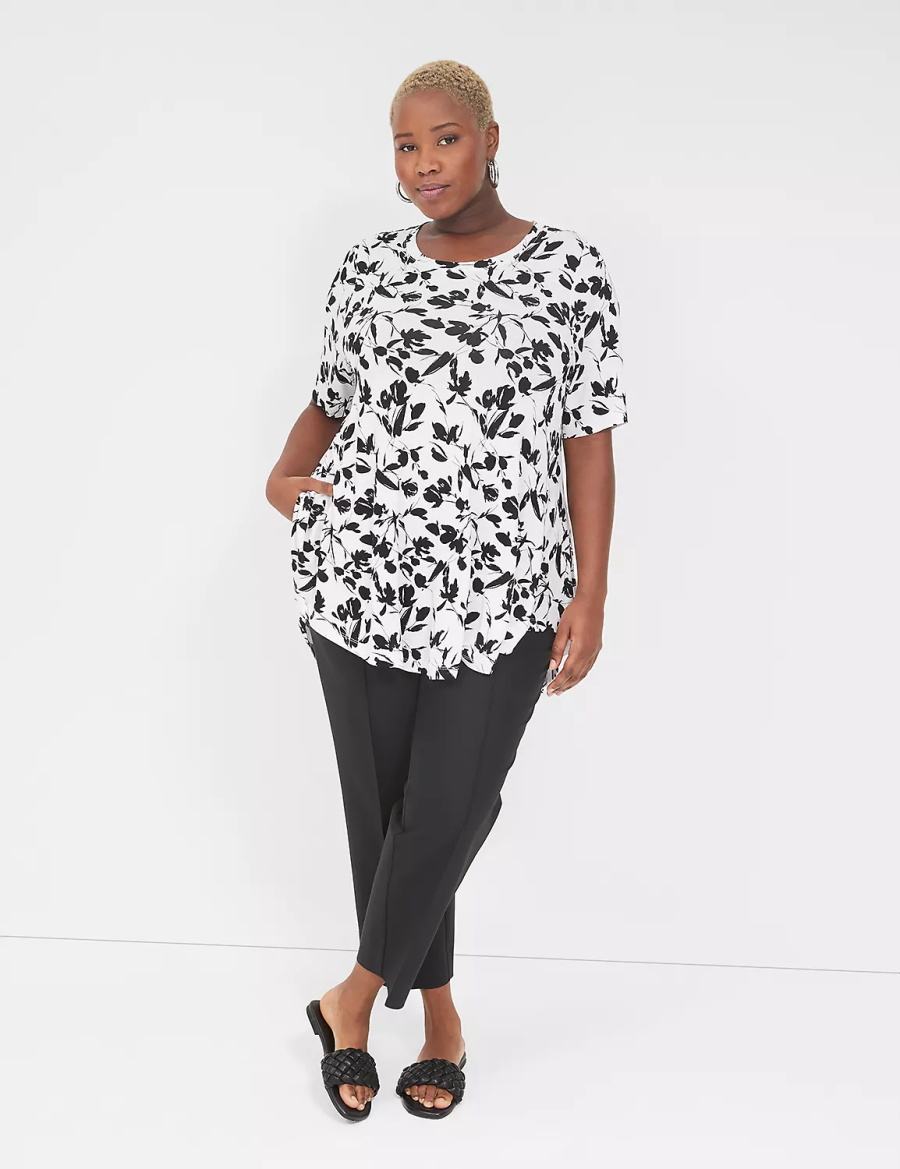 Women Lane Bryant Max Swing Perfect Sleeve Crew-Neck Tee T Shirts Black White | CZQ3050BQ