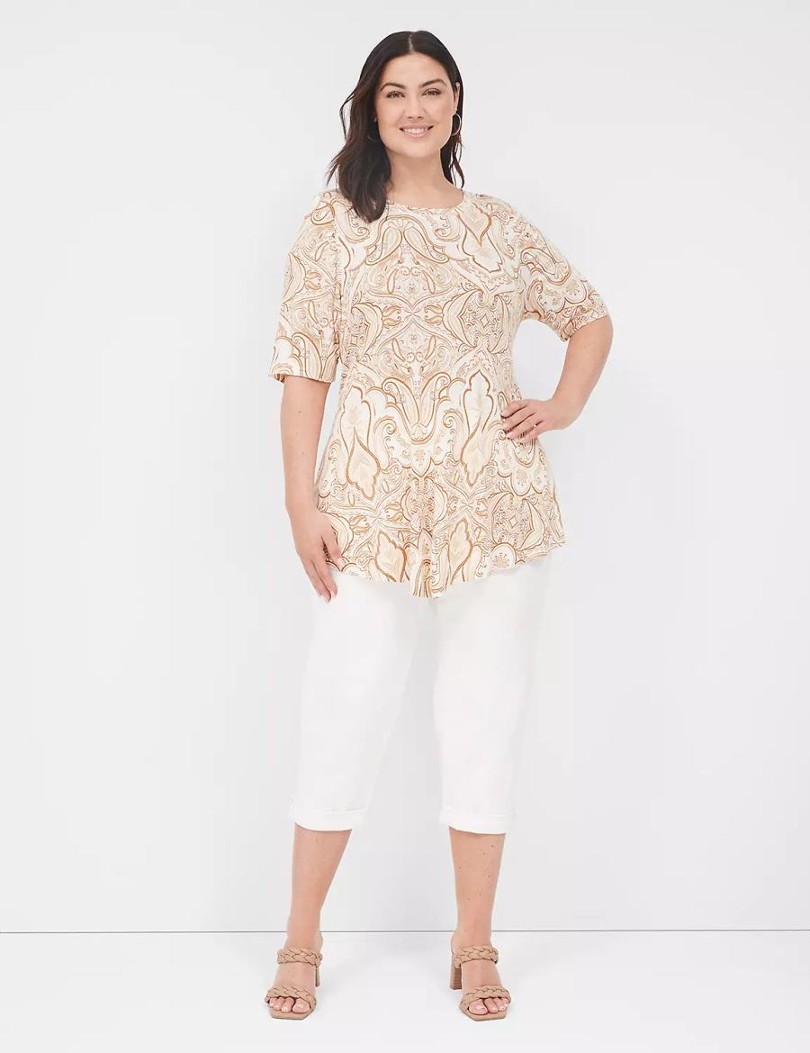 Women Lane Bryant Max Swing Perfect Sleeve Crew-Neck Tee T Shirts Beige White | AGP8949VG