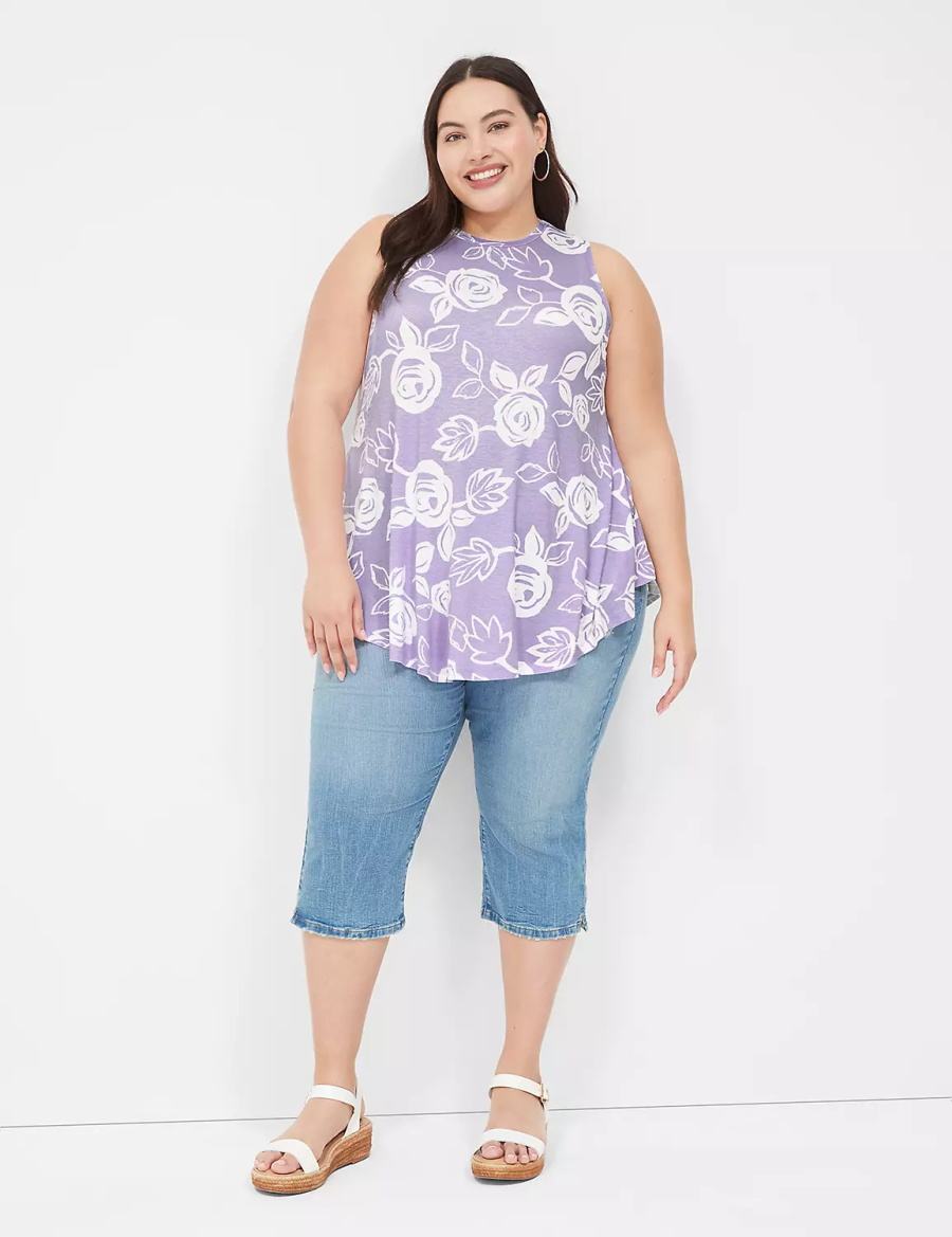 Women Lane Bryant Max Swing Sleeveless High-Neck Tunic T Shirts White Purple | ASX9958YB