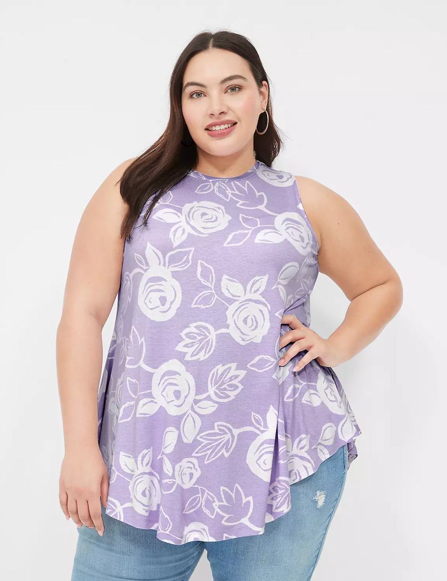 Women Lane Bryant Max Swing Sleeveless High-Neck Tunic T Shirts White Purple | ASX9958YB