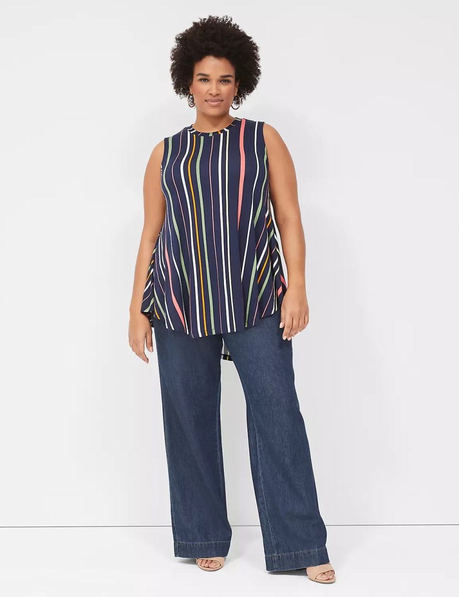 Women Lane Bryant Max Swing Sleeveless High-Neck Tunic T Shirts Navy Stripes | UQY3643SQ