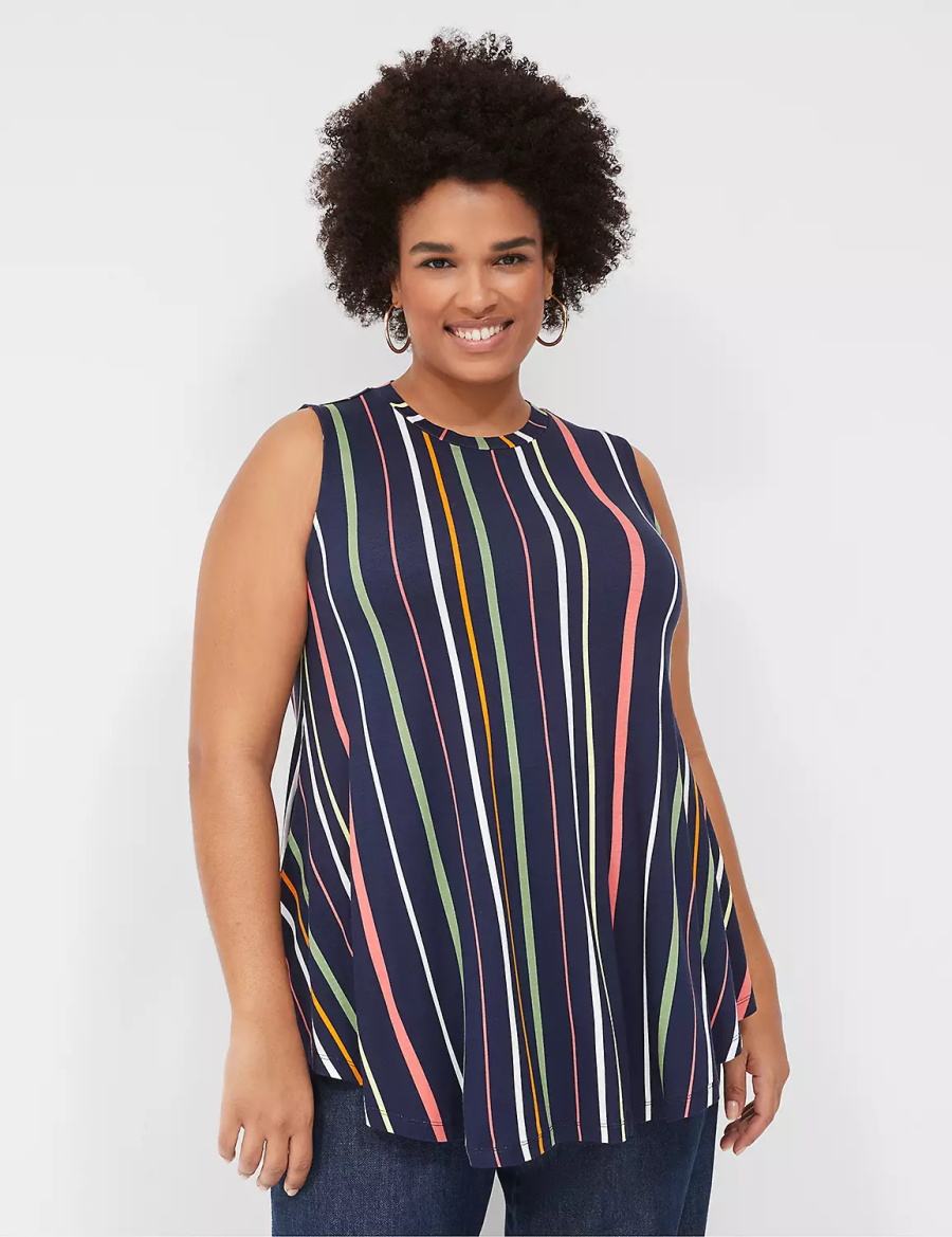 Women Lane Bryant Max Swing Sleeveless High-Neck Tunic T Shirts Navy Stripes | UQY3643SQ