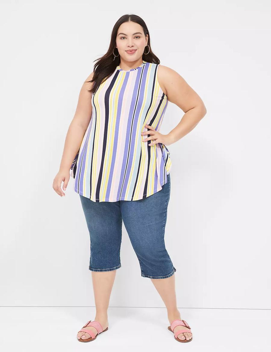 Women Lane Bryant Max Swing Sleeveless High-Neck Tunic T Shirts Purple Multicolor Stripes | ZXP2754UC