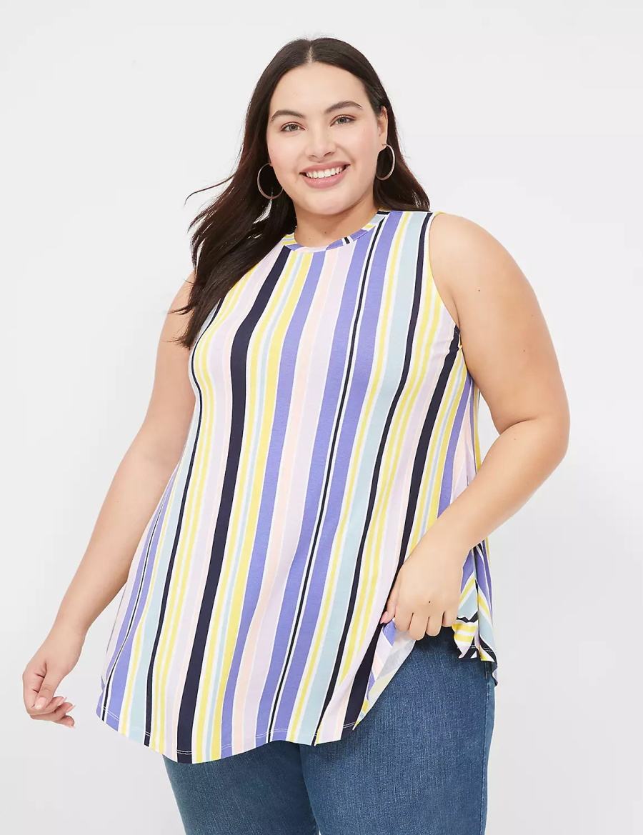 Women Lane Bryant Max Swing Sleeveless High-Neck Tunic T Shirts Purple Multicolor Stripes | ZXP2754UC