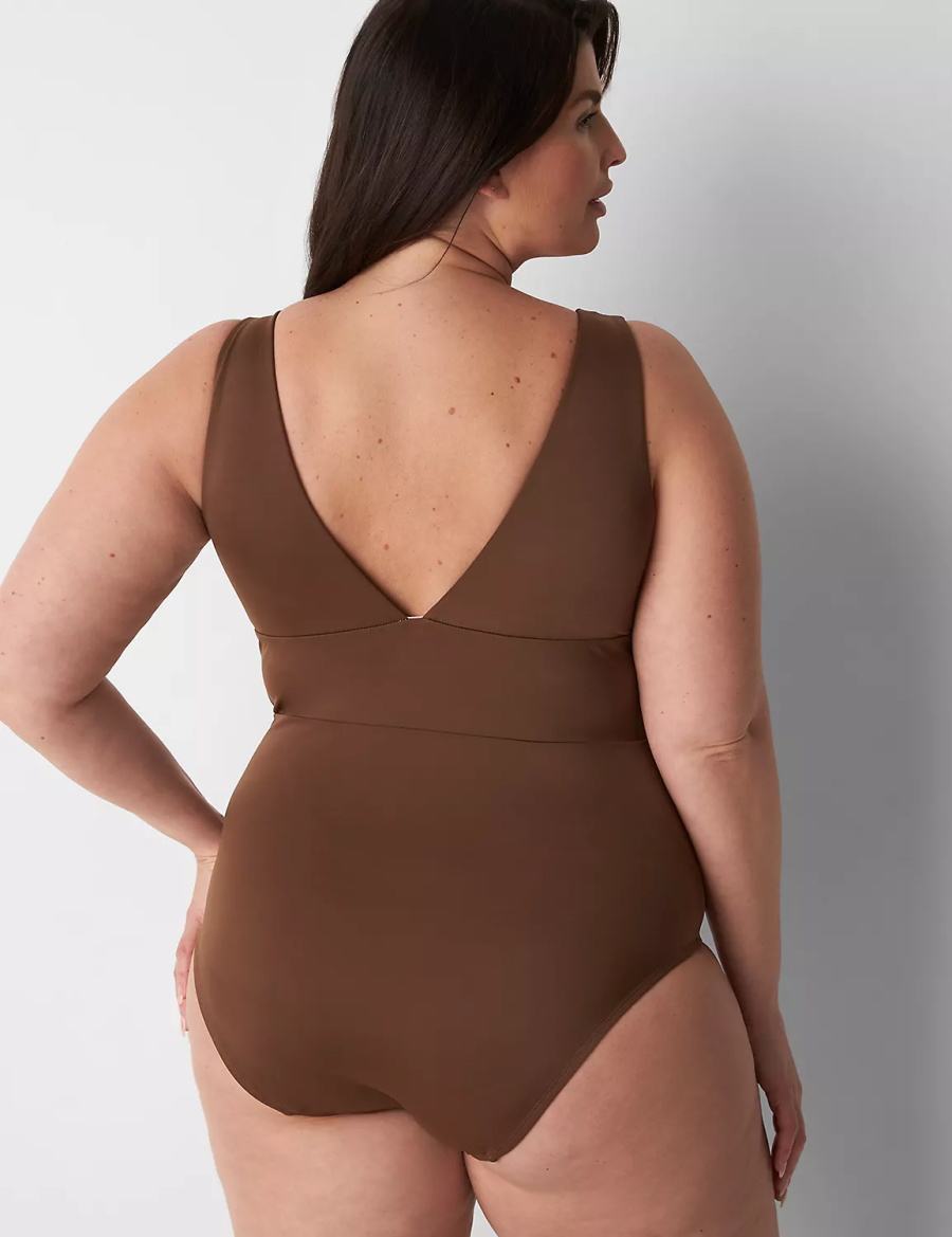 Women Lane Bryant No-Wire Plunge One-Piece Swimsuits Dark Brown | RYE1095DQ