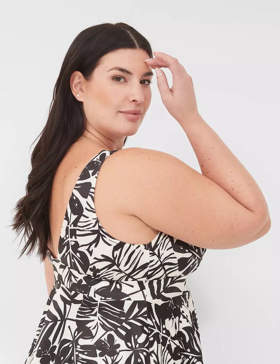 Women Lane Bryant No-Wire Plunge Tankini Bikini Top White Black | CPR10060IM