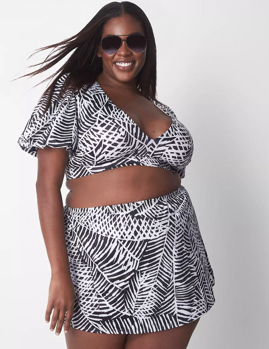 Women Lane Bryant No-Wire Puff-Sleeve Swim Bikini Top White Black | PQX8766NU