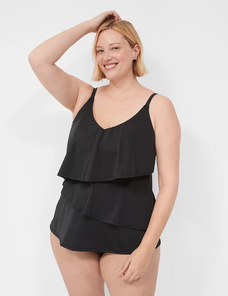 Women Lane Bryant No-Wire Three-Tier Tankini Bikini Top Black | FOR905JL