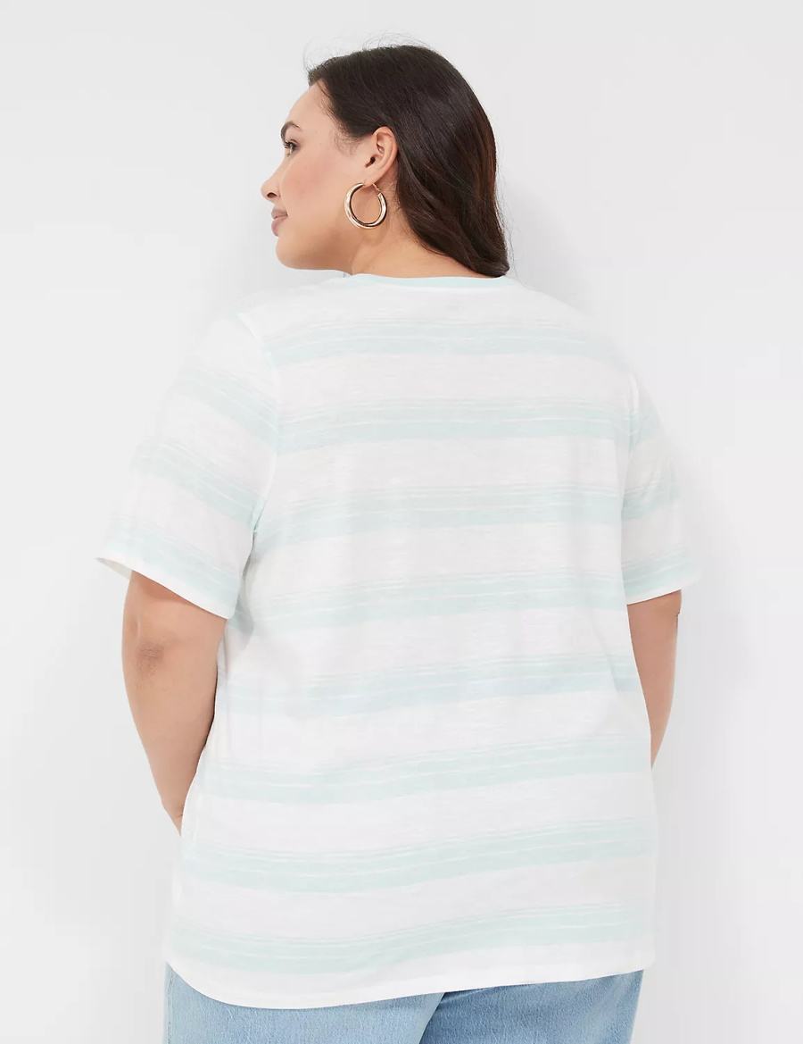 Women Lane Bryant Perfect Sleeve Crew-Neck Tee T Shirts Green White | ATG5597AM