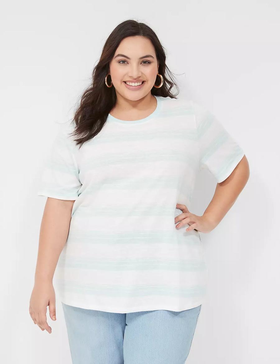 Women Lane Bryant Perfect Sleeve Crew-Neck Tee T Shirts Green White | ATG5597AM