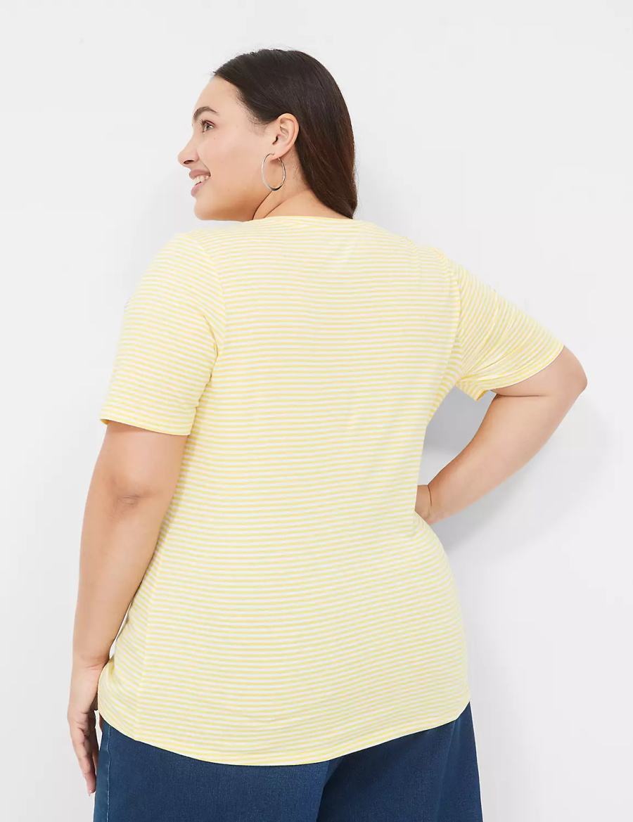 Women Lane Bryant Perfect Sleeve V-Neck Tee T Shirts Yellow Stripes | AOB3352FK