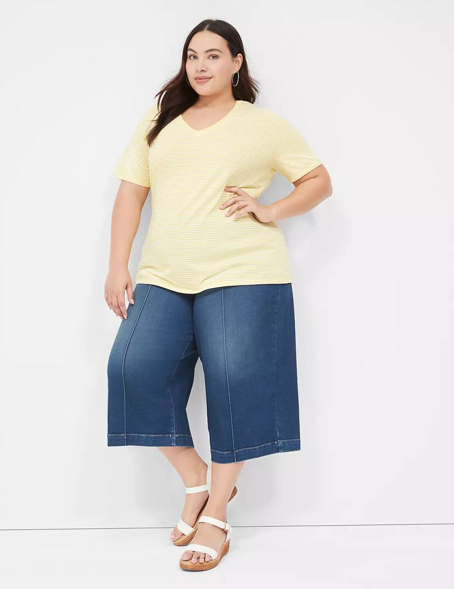 Women Lane Bryant Perfect Sleeve V-Neck Tee T Shirts Yellow Stripes | AOB3352FK