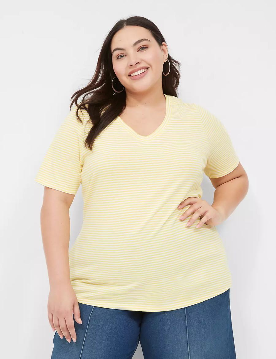 Women Lane Bryant Perfect Sleeve V-Neck Tee T Shirts Yellow Stripes | AOB3352FK