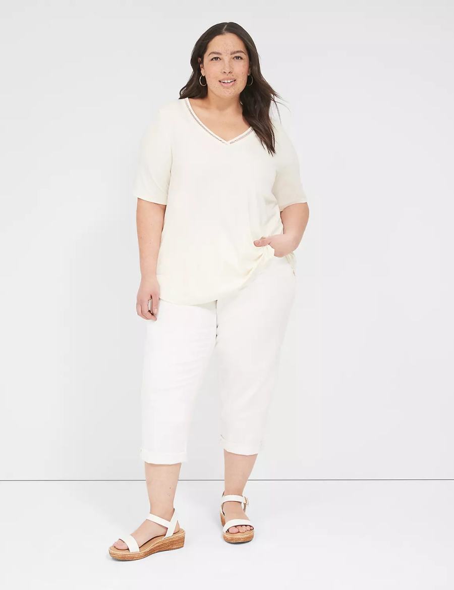 Women Lane Bryant Perfect Sleeve V-Neck Trim-Detail Tee T Shirts White | DNU961KO