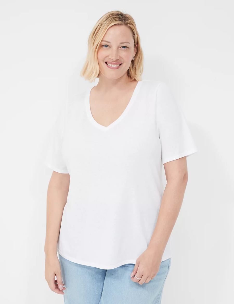 Women Lane Bryant Perfect Sleeve V-Neck Tee T Shirts White | QNK3886HX