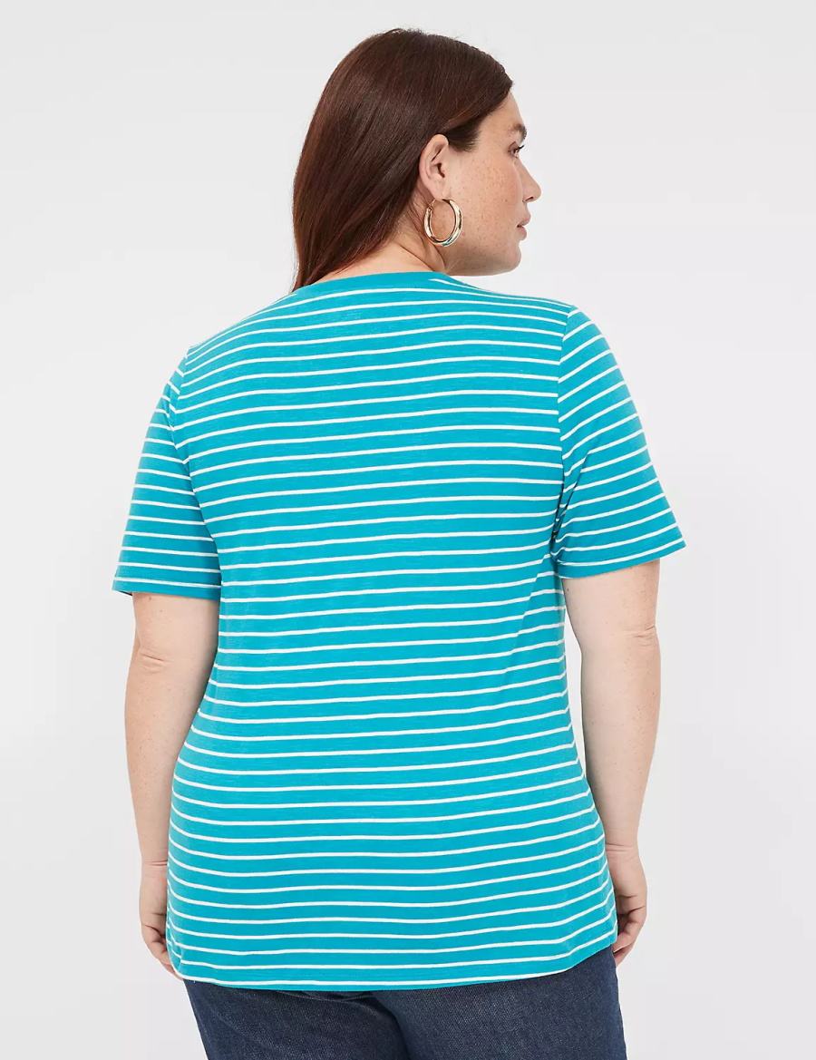 Women Lane Bryant Perfect Sleeve V-Neck Tee T Shirts Turquoise Stripes | YWO1828IP