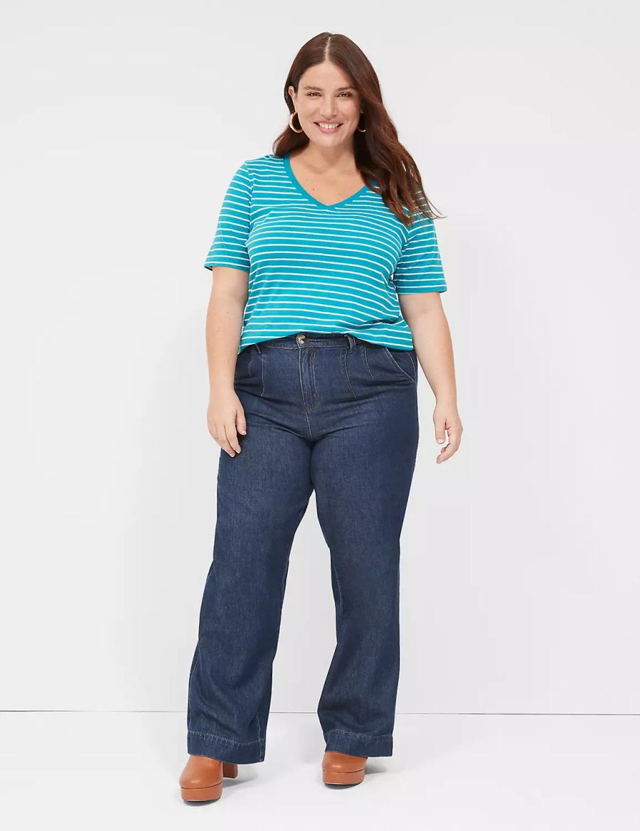 Women Lane Bryant Perfect Sleeve V-Neck Tee T Shirts Turquoise Stripes | YWO1828IP