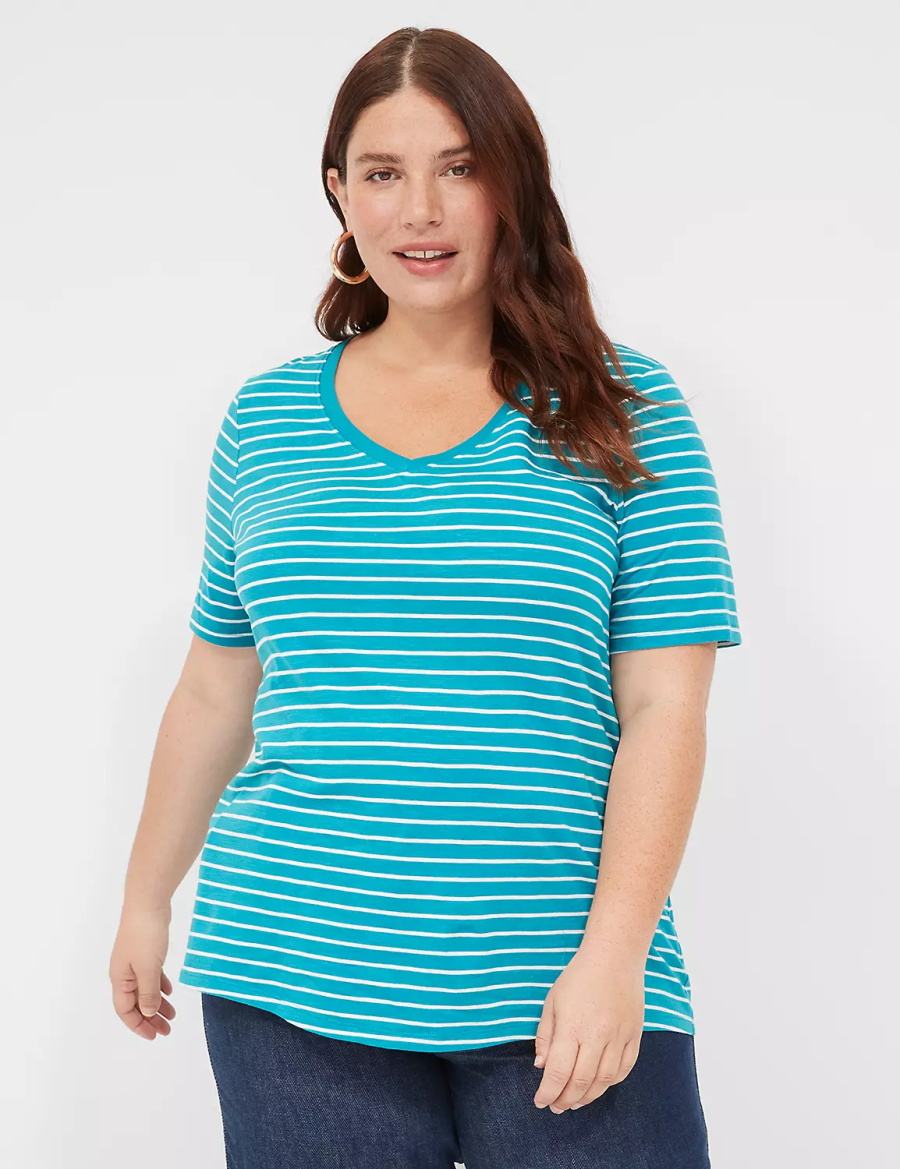 Women Lane Bryant Perfect Sleeve V-Neck Tee T Shirts Turquoise Stripes | YWO1828IP