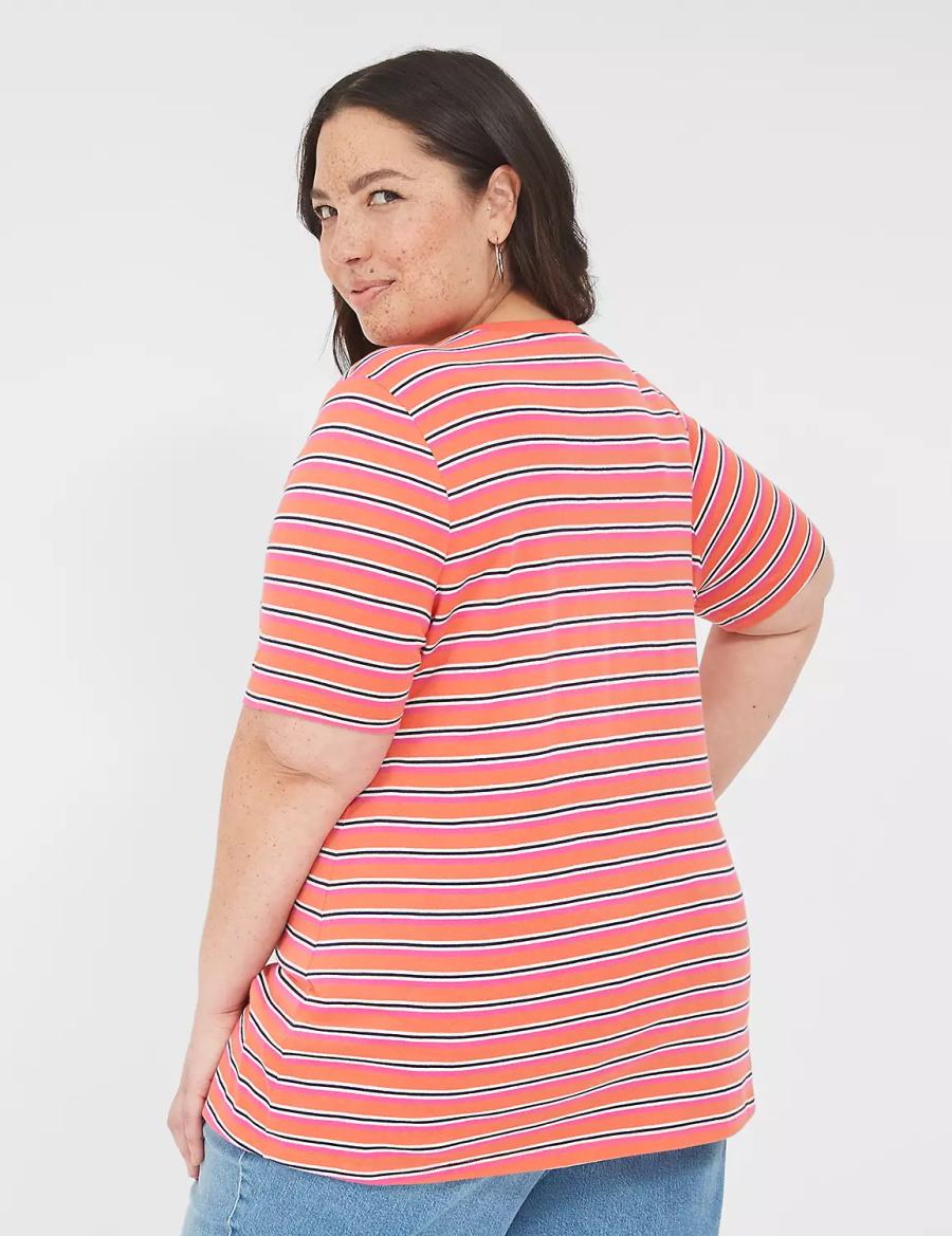 Women Lane Bryant Perfect Sleeve V-Neck Tee T Shirts Orange Stripes | THQ971ZJ