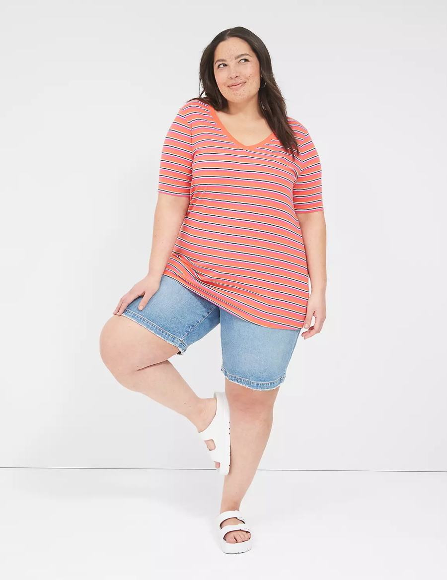 Women Lane Bryant Perfect Sleeve V-Neck Tee T Shirts Orange Stripes | THQ971ZJ