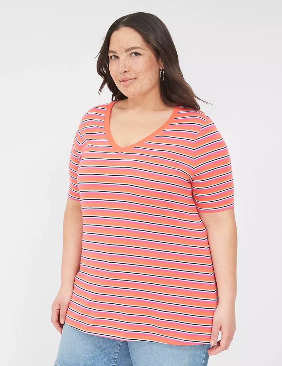 Women Lane Bryant Perfect Sleeve V-Neck Tee T Shirts Orange Stripes | THQ971ZJ