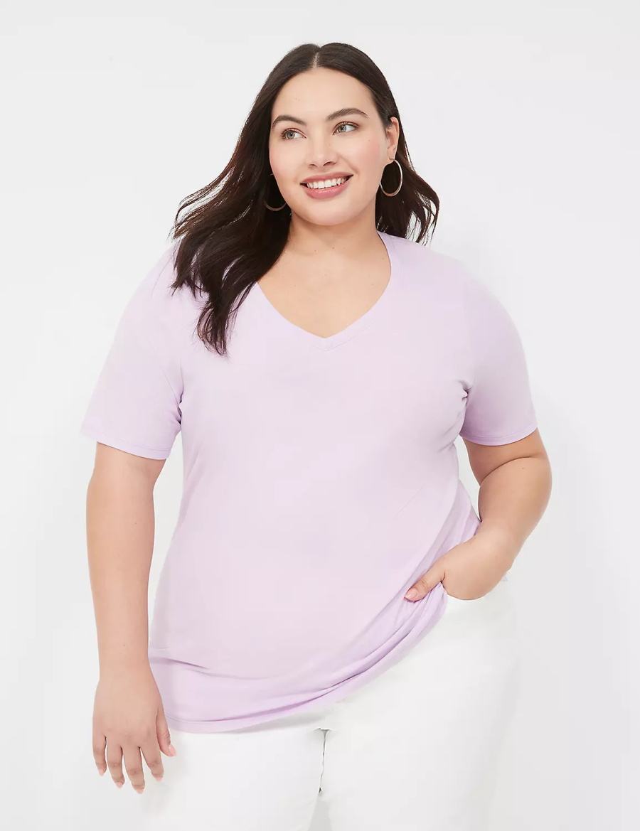 Women Lane Bryant Perfect Sleeve V-Neck Tee T Shirts Purple | ZYJ4586YN