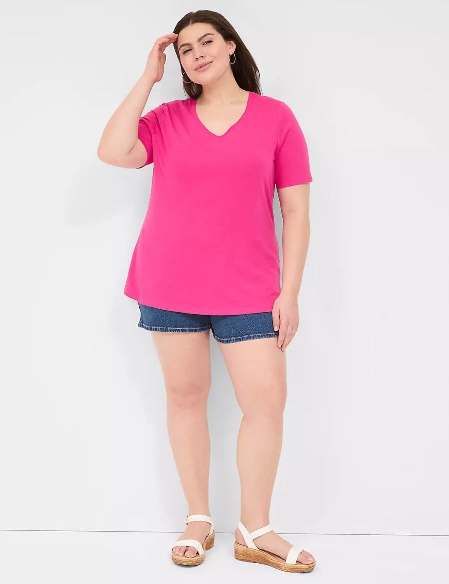 Women Lane Bryant Perfect Sleeve V-Neck Tee T Shirts Pink | HLT4987JG