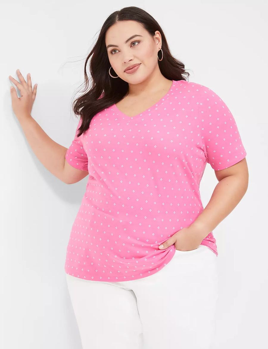 Women Lane Bryant Perfect Sleeve V-Neck Tee T Shirts Pink | GZJ3745AF