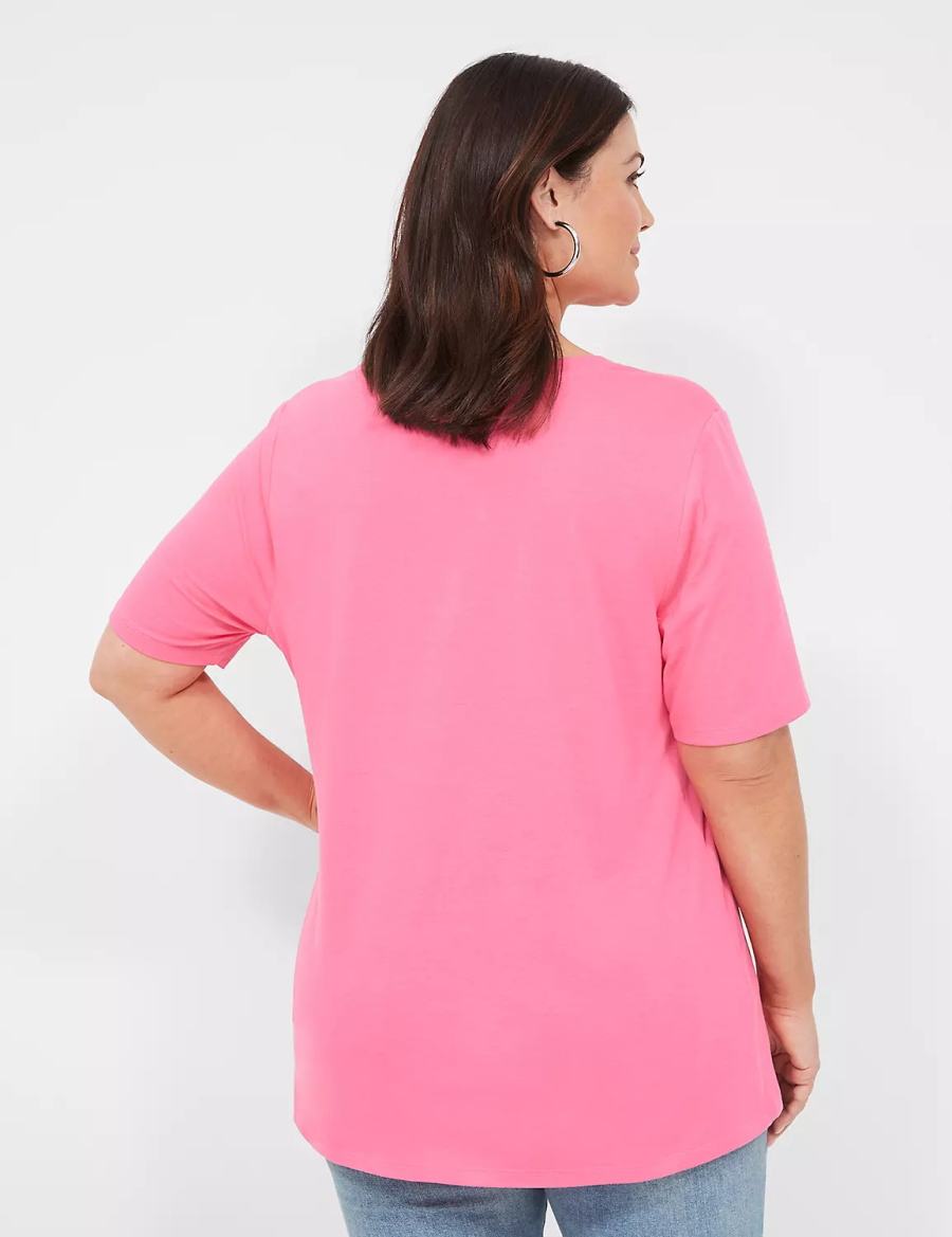 Women Lane Bryant Perfect Sleeve V-Neck Tee T Shirts Fuchsia | SOQ8374CL