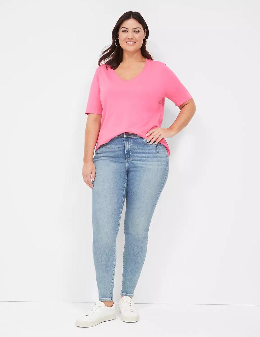 Women Lane Bryant Perfect Sleeve V-Neck Tee T Shirts Fuchsia | SOQ8374CL