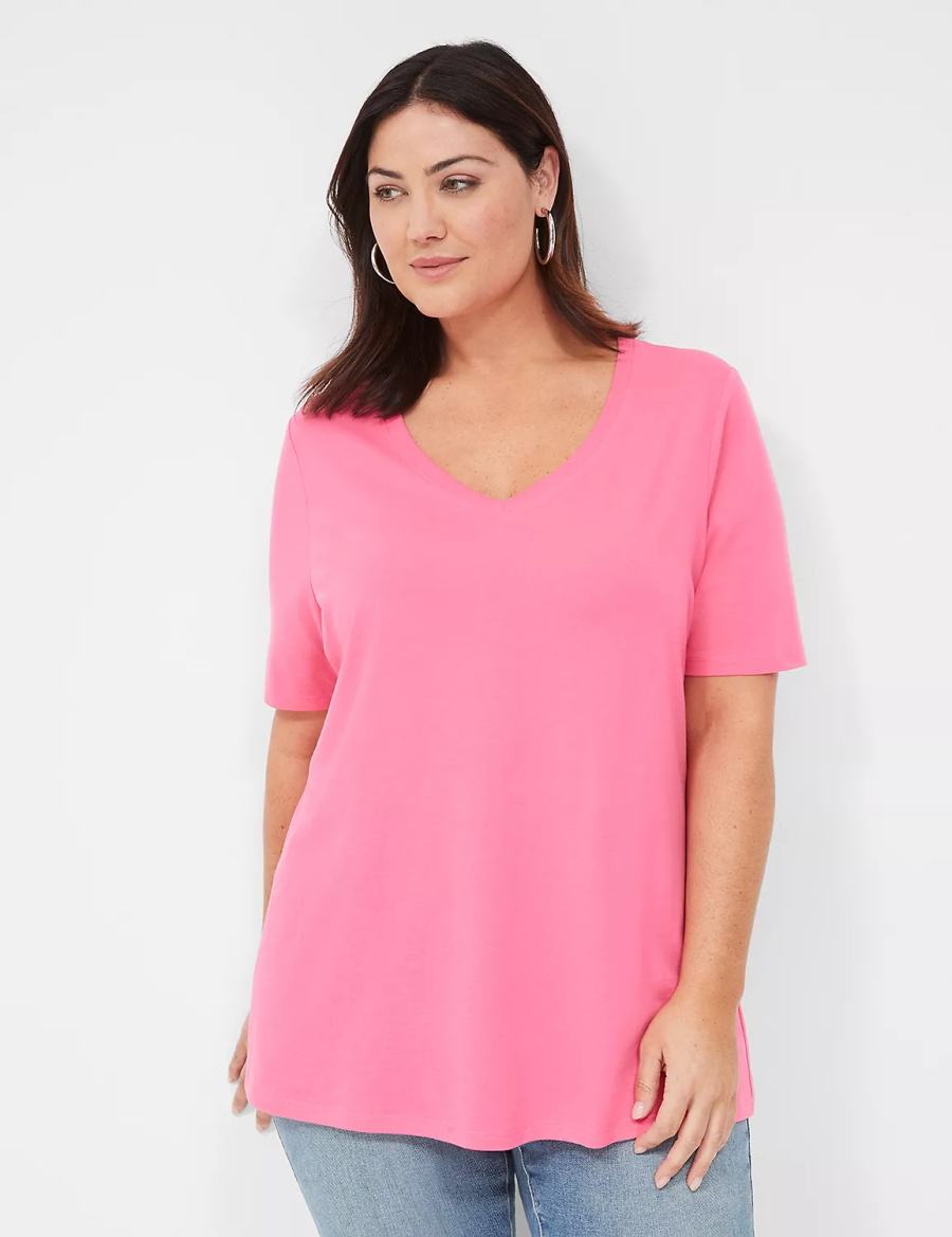 Women Lane Bryant Perfect Sleeve V-Neck Tee T Shirts Fuchsia | SOQ8374CL