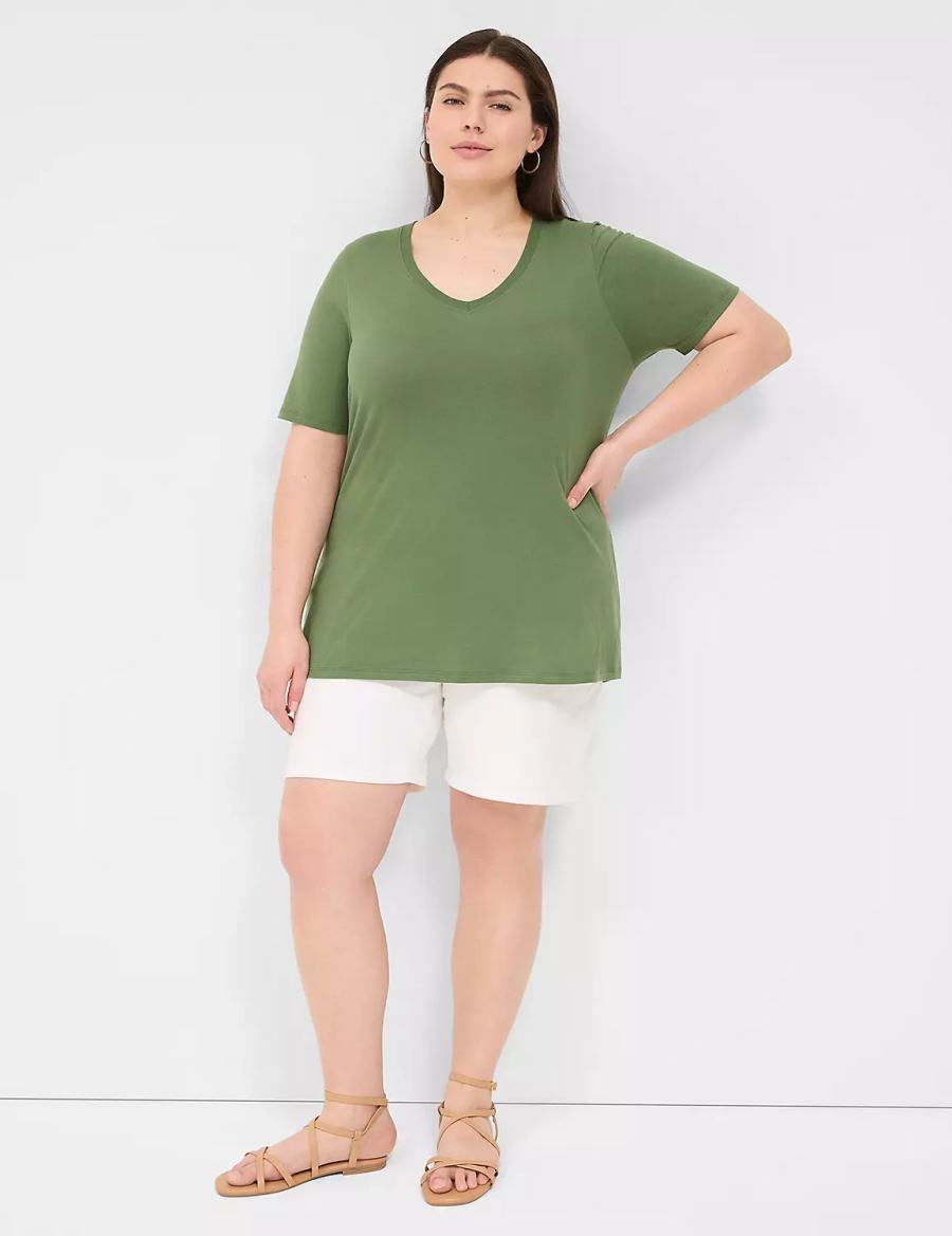 Women Lane Bryant Perfect Sleeve V-Neck Tee T Shirts Brown Green | ASE7540DW